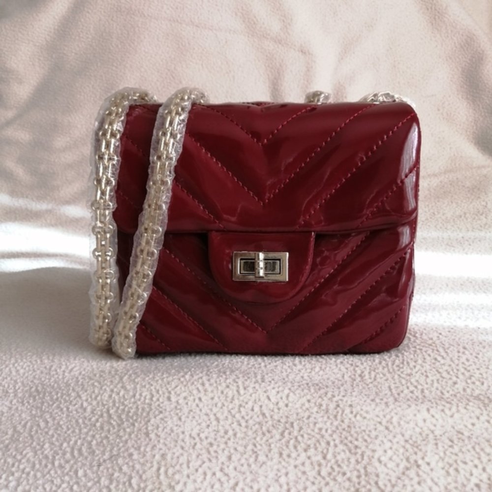 Maja Red Chevron Purse with Double Gold Chain